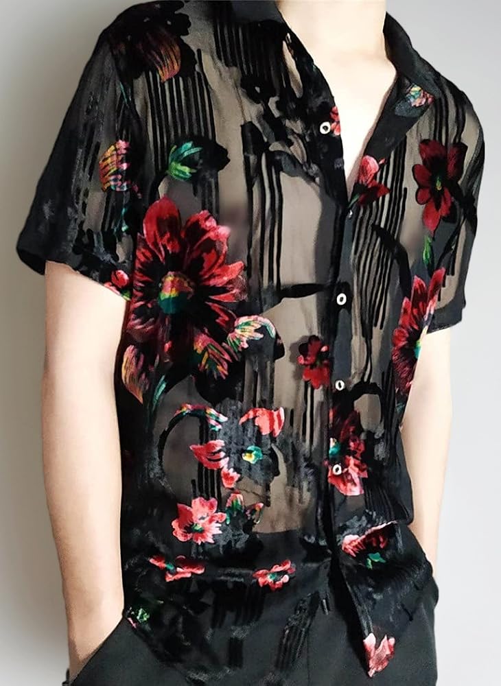 Luxury Imitate Silk Flower Transparent Shirt Men Floral Velvet