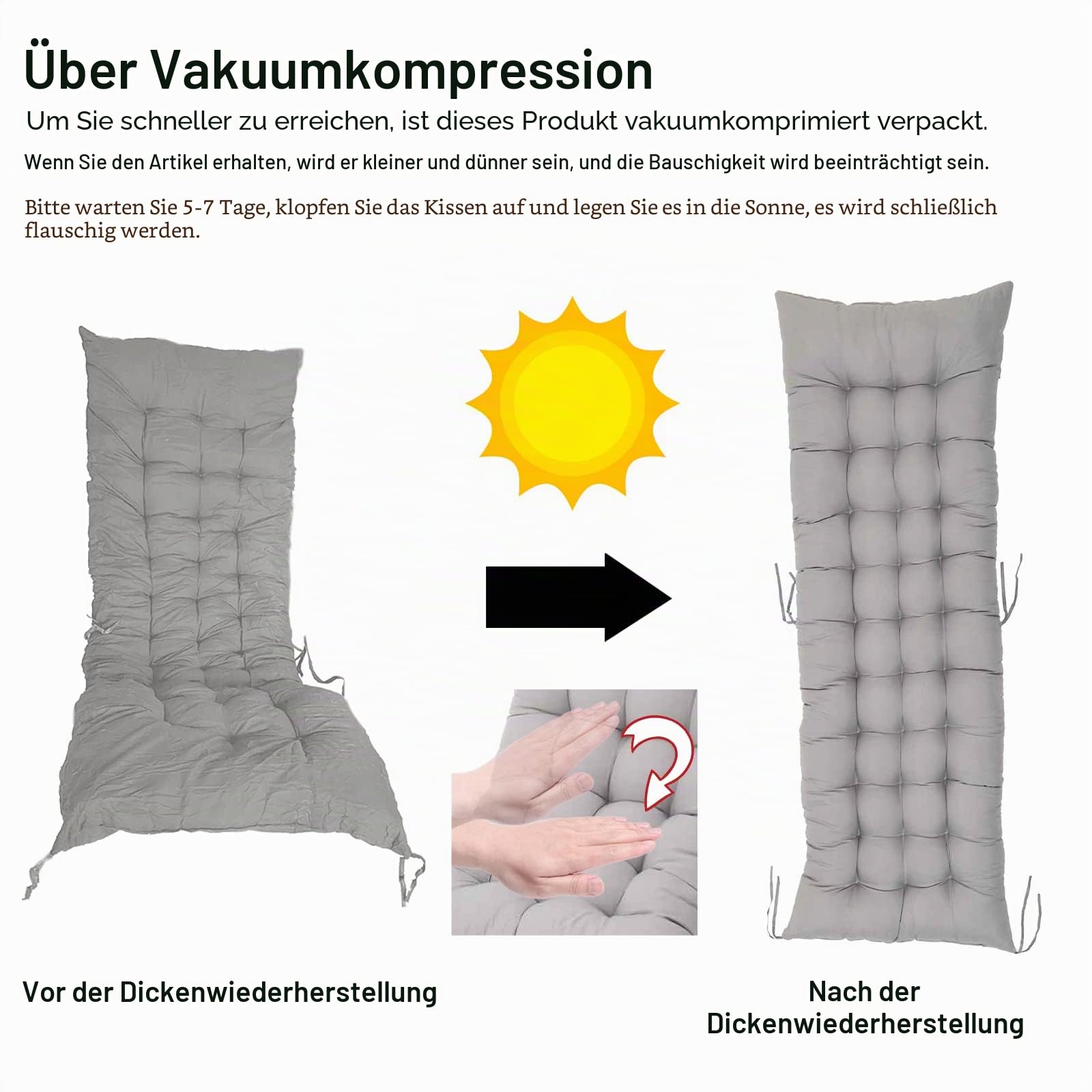 Warmiehomy Liegenauflage mit Antirutsch, 160x50x8cm Auflage für Gartenliege Outdoor, Dickes & Bequeme Polster Sonnenliege Auflage mit Einstellband, Kissen für Liegestuhl, Grau(Ohne Stuhl)