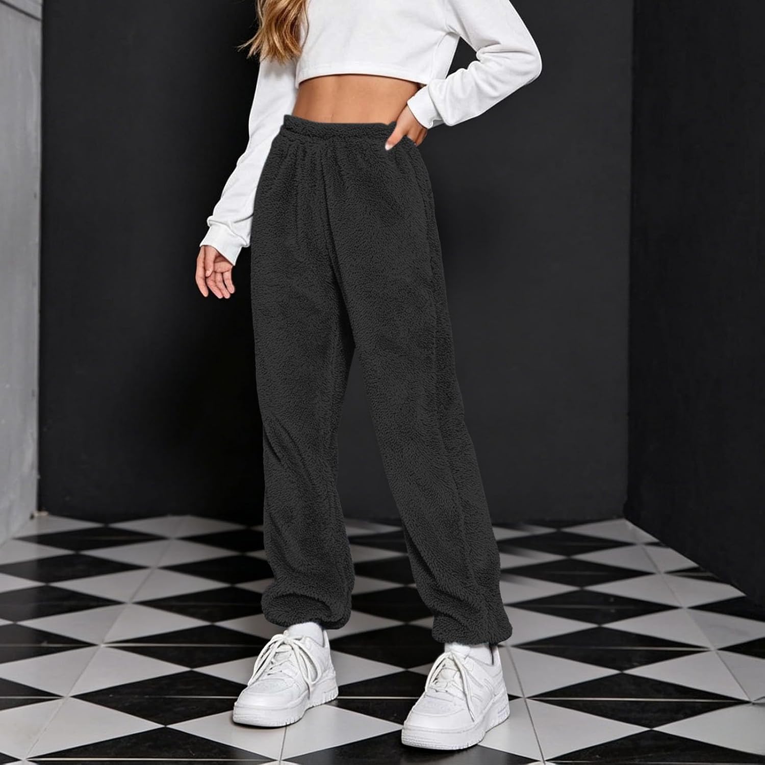 Girls Fleece Pants Elastic Waist Wide Leg Winter Sweatpants