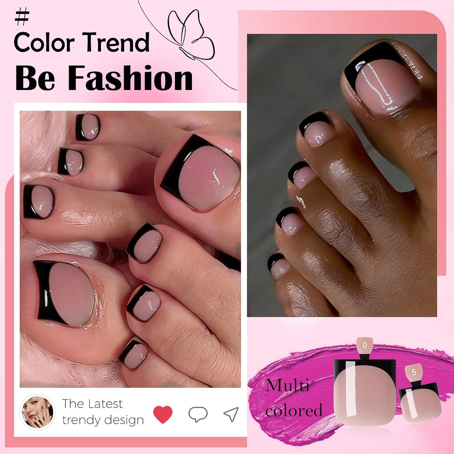 150pc Black French Tip Press on Toenails Women Brown Fake Toe Nail Glue on