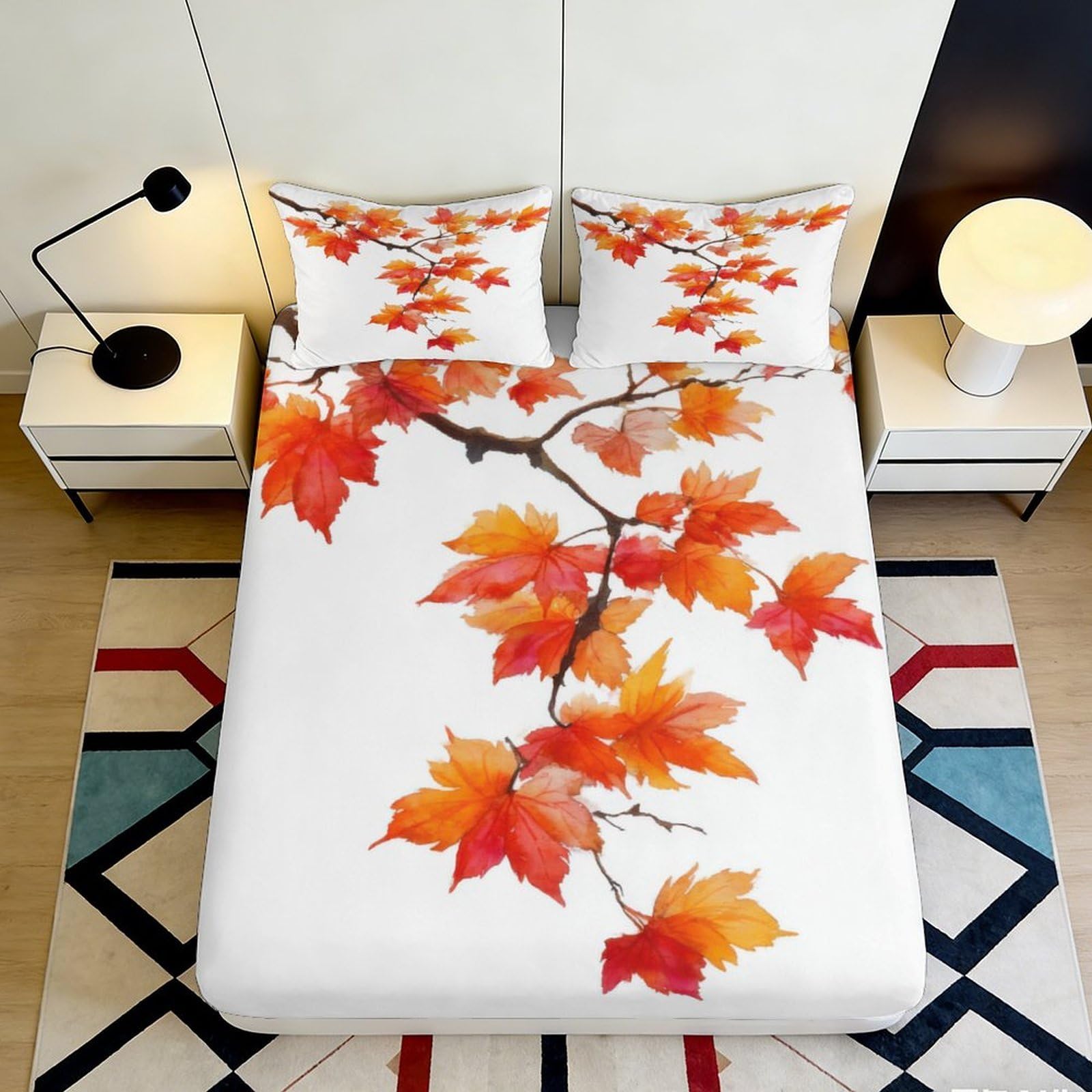 3D Printed Autumn Leaves Fitted Sheet Microfiber Soft Breathable Maple Branch Bed Cover for Bedroom Dormitory Guest Room Mattress Protection 140x200x25cm