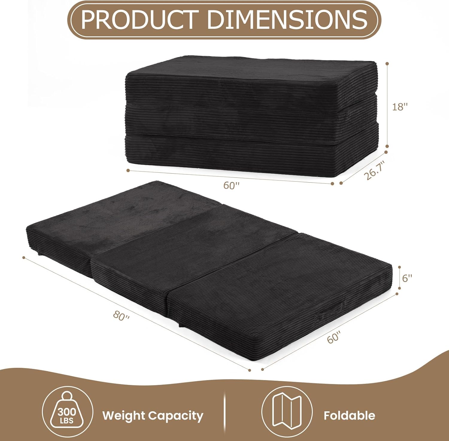 6-Inch Tri-Folding Mattress Queen Size - Foldable Futon Sofa Bed with Removable Washable Cover, Folding Futon Mattress | Non-Slip Bottom & Carry Handles for Guest, Camping, Dorm