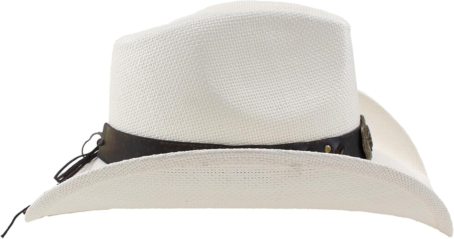 Western Cowboy Hat with Bull Buckle, Adjustable Unisex Straw Hat for Rodeos, Ranch, Summer and Festivals