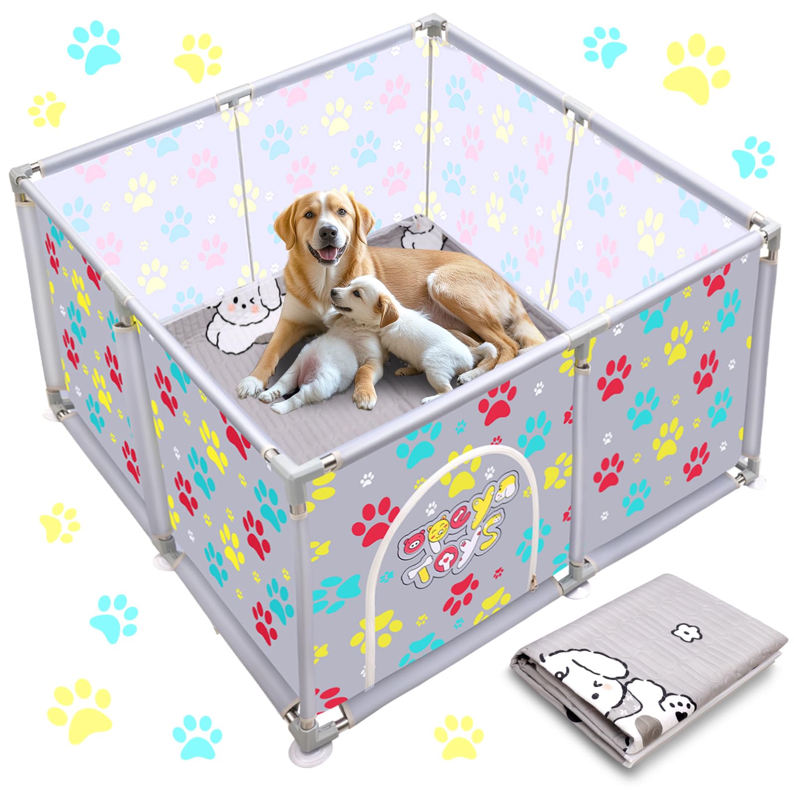 Whelping Box for Extra Tall Dog + Whelping Pad Playpen Whelping Supplies for Large Small Breed Dogs Puppies 120x120x63cm