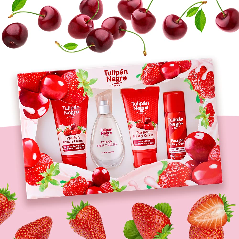 Tulipán Negro - Estuche Fresa y Cereza, Colonia 50 ml + Loción Corporal 75 ml + Gel de Baño 75 ml + Desodorante Spray 50 ml, Fragancia Dulce y Afrutada