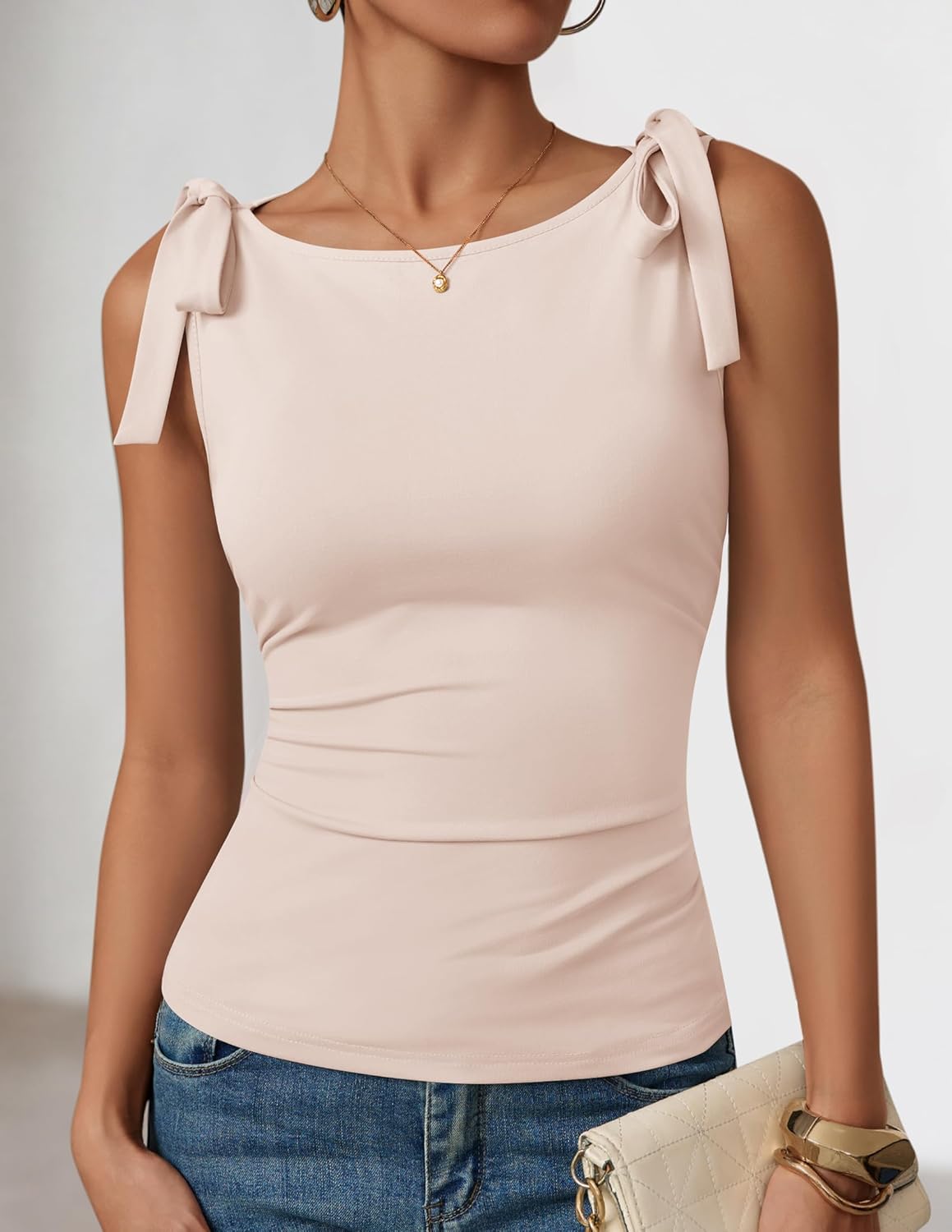 ZESICA Womens Summer Going Out Tank Tops 2026 Trendy Casual Sleeveless Tie Shoulder Boat Neck Ruch Fitted Crop Y2k Shirts - Image 4