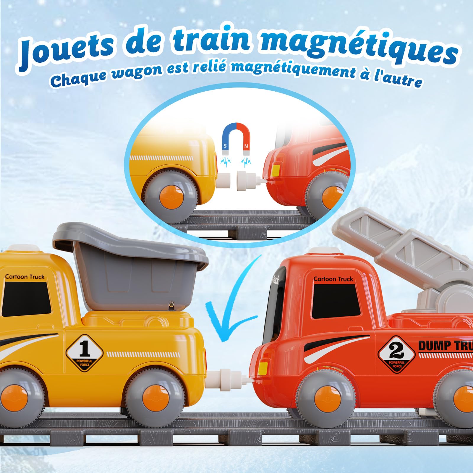 Hot Bee Train Electrique Enfant 3 4 5 6, Petit Circuit Train Vapeur Electrique 3+ Ans, 3 Véhicules D'ingénierie à Fixation Magnétique, avec Lumières et Effets Sonores, avec Piste Elliptique, Village