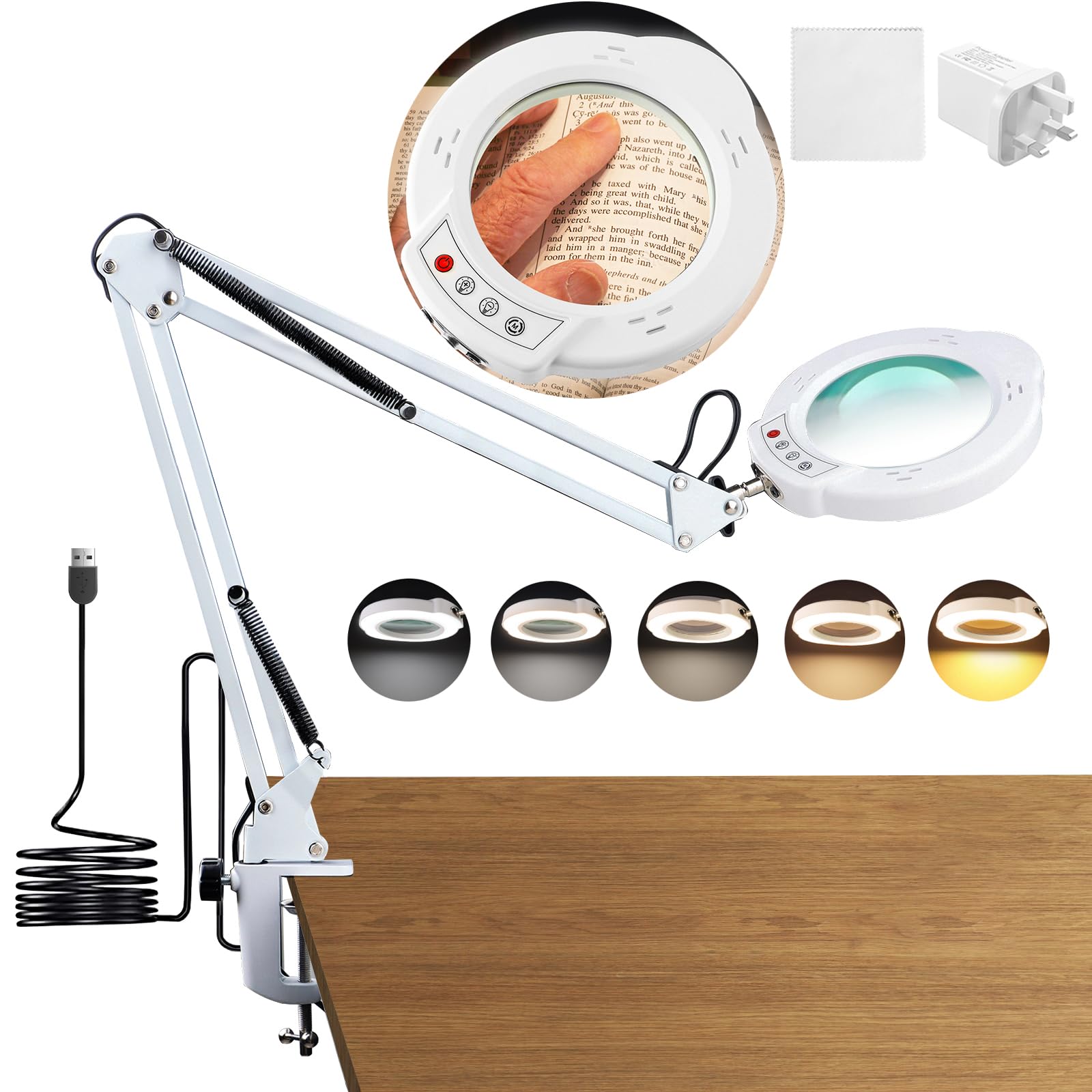 HYEIOL LED Magnifying Glass with Light,5 Color Modes 10 Brightness Dimmable Magnifying Lamp with Desk Clamp