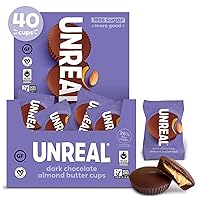 Vista 1 de UNREAL Tazas de mantequilla de almendras de chocolate oscuro, 0.53 onzas de azúcar, certificado vegano, sin gluten, comercio justo, sin OMG, sin