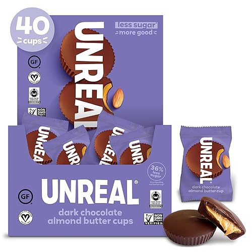 UNREAL Tazas de mantequilla de almendras de chocolate oscuro, 0.53 onzas de azúcar, certificado vegano, sin gluten, comercio justo, sin OMG, sin