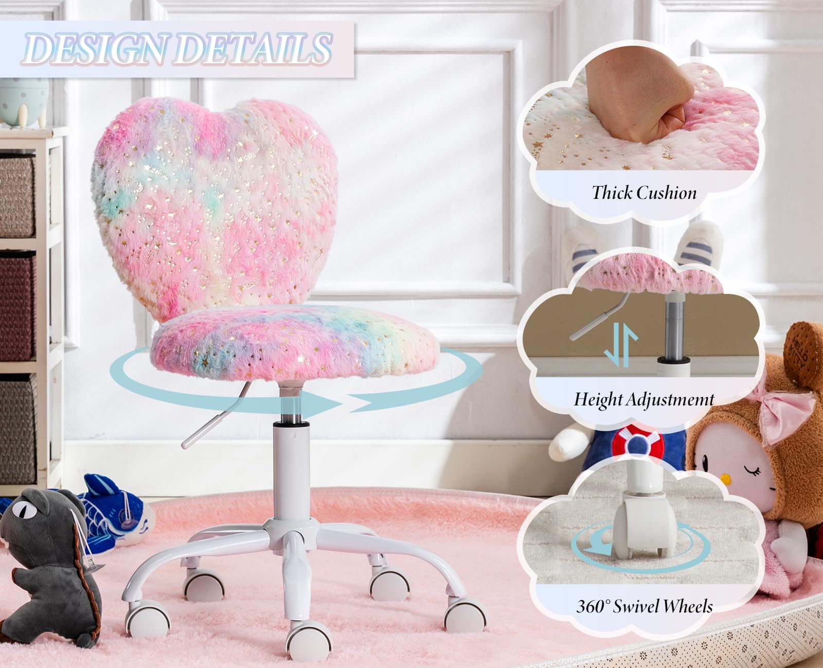 Ya-Home Chaise de Bureau Jolie pour Filles Chaise Bureau Enfant en Fausse Fourrure Fauteuil Bureau pour Filles avec Pied Pivotant, Coloré