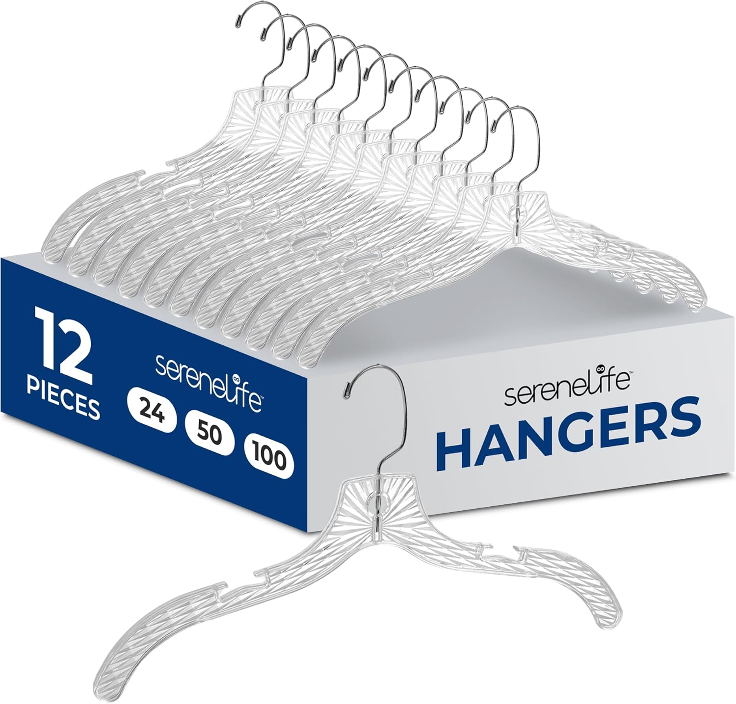 SereneLife 24 Pack Transparent Plastic Hangers, Crystal Clear, Non-Slip with Notched Shoulders, Ultra-Thin Space Saving, Closet & Retail Use, with Swivel Hook for Clothes, Shirts, Dresses, Jackets