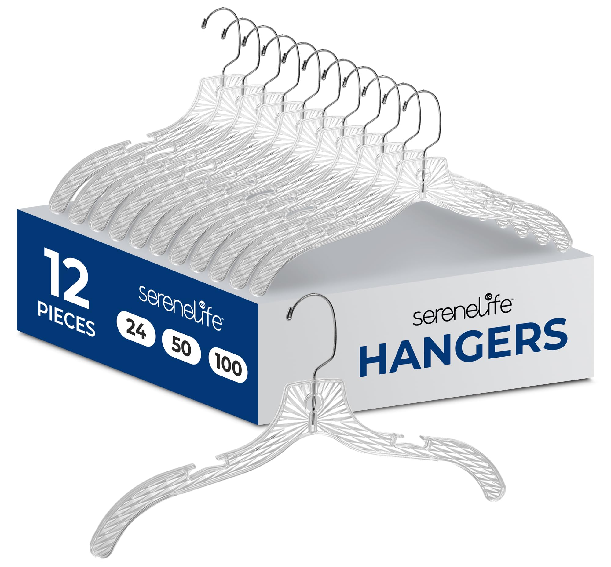 SereneLife Paquete de 12 Perchas de plástico Transparente, Ligeras, Antideslizantes, con Hombros con Muescas y Gancho Giratorio para Ropa, Camisas, Trajes, Vestidos, Chaquetas, diseño Ultrafino Que