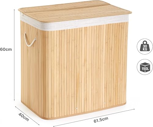 Mondeer Laundry Basket with Lid 150L, 3 Compartments Bamboo Laundry Hamper with Handles Removable Washable Lining, Foldable, for Bedroom Bathroom or Utility Room, 60 x 40 x 61 cm, Natural - 3