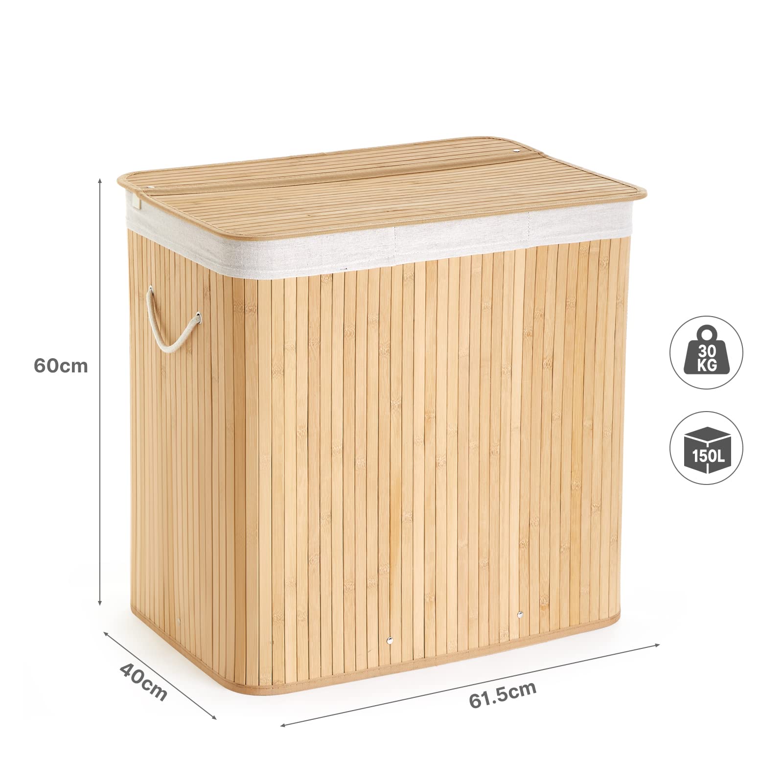 Mondeer Cesto Portabiancheria Pieghevole In Bambù 3 Scomparti – 150L Con Fodera Rimovibile E Lavabile, 40x61.5x60 Cm, Naturale, Per Casa E Lavanderia