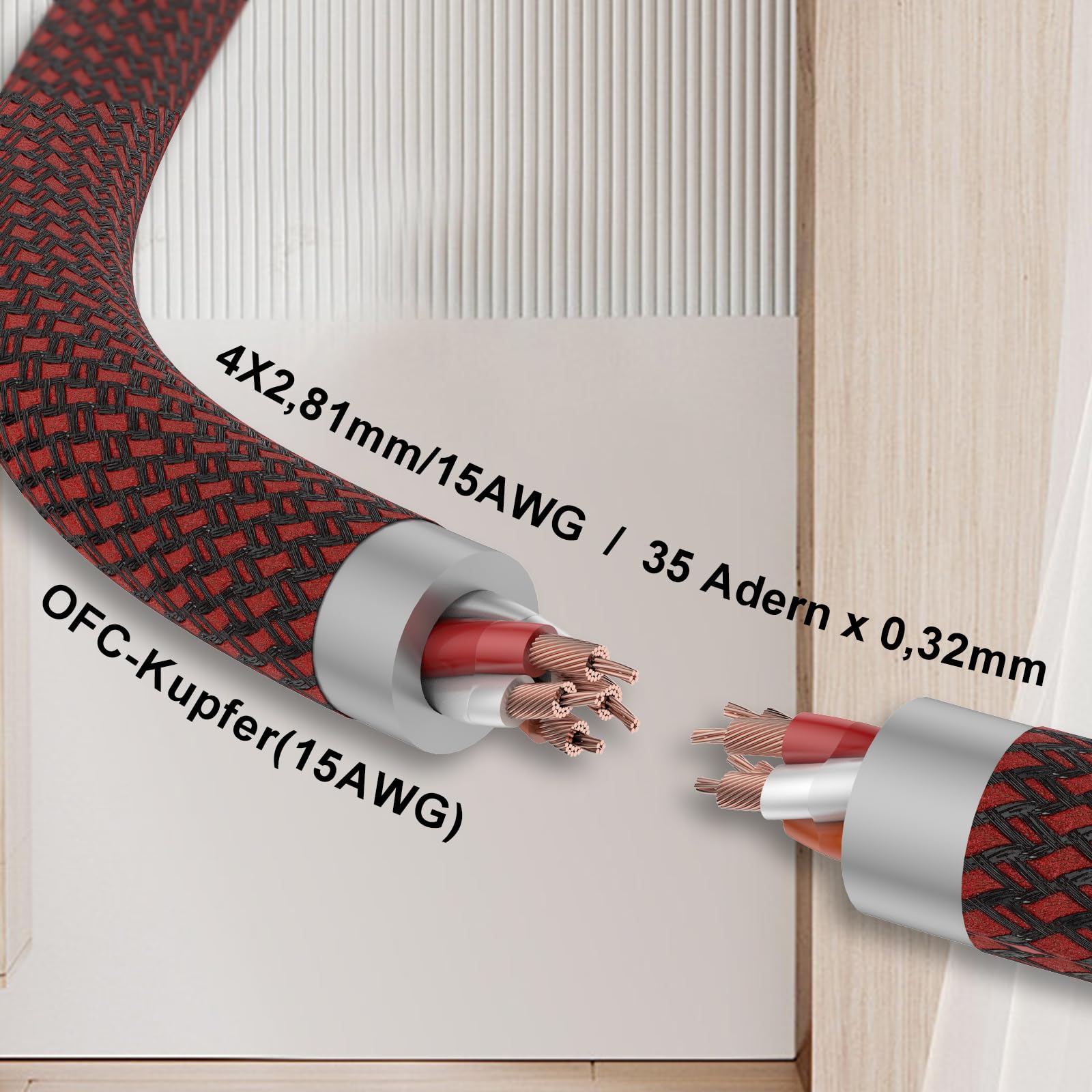 High End kabel głośnikowy HiFi - miedź beztlenowa, 4 x 2,81 mm² (15 AWG), mosiądz pozłacany wtyk bananowy (1 para) - 2,5 m / 8,2 FT