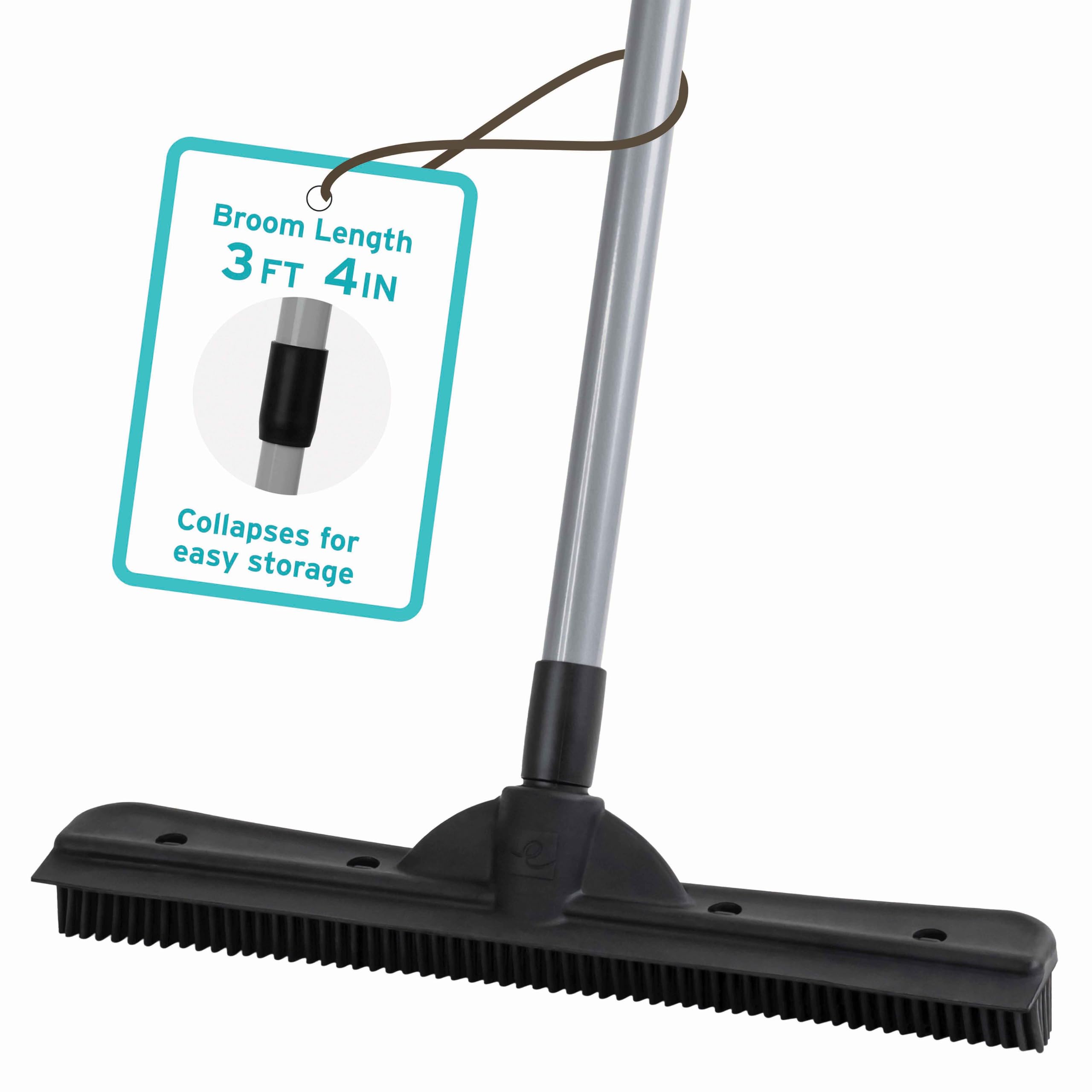 FURemover Compact Pet Hair Rubber Broom with Squeegee, with Handle That Telescopes up to 40" for Carpet, Tile and Hardwood