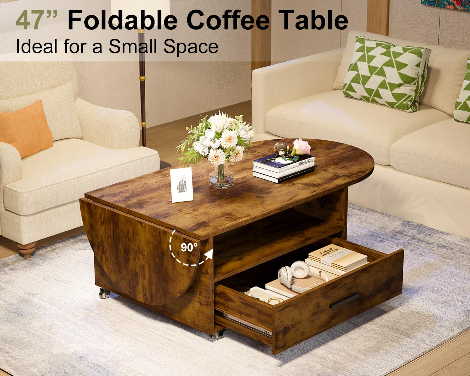 IBF Ovaler Couchtisch 120cm Braun,ausziehbar Holz-Tisch mit Rollen