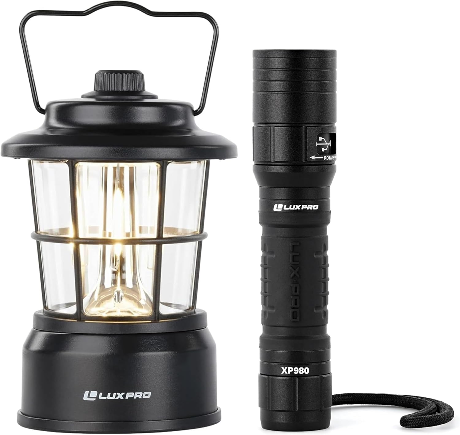 LUXPRO Retro LED Lantern & XP980 Rechargeable Flashlight Bundle – Warm Ambient & 760 Lumen Tactical Light Kit for Camping, Emergencies, and Outdoor Adventures