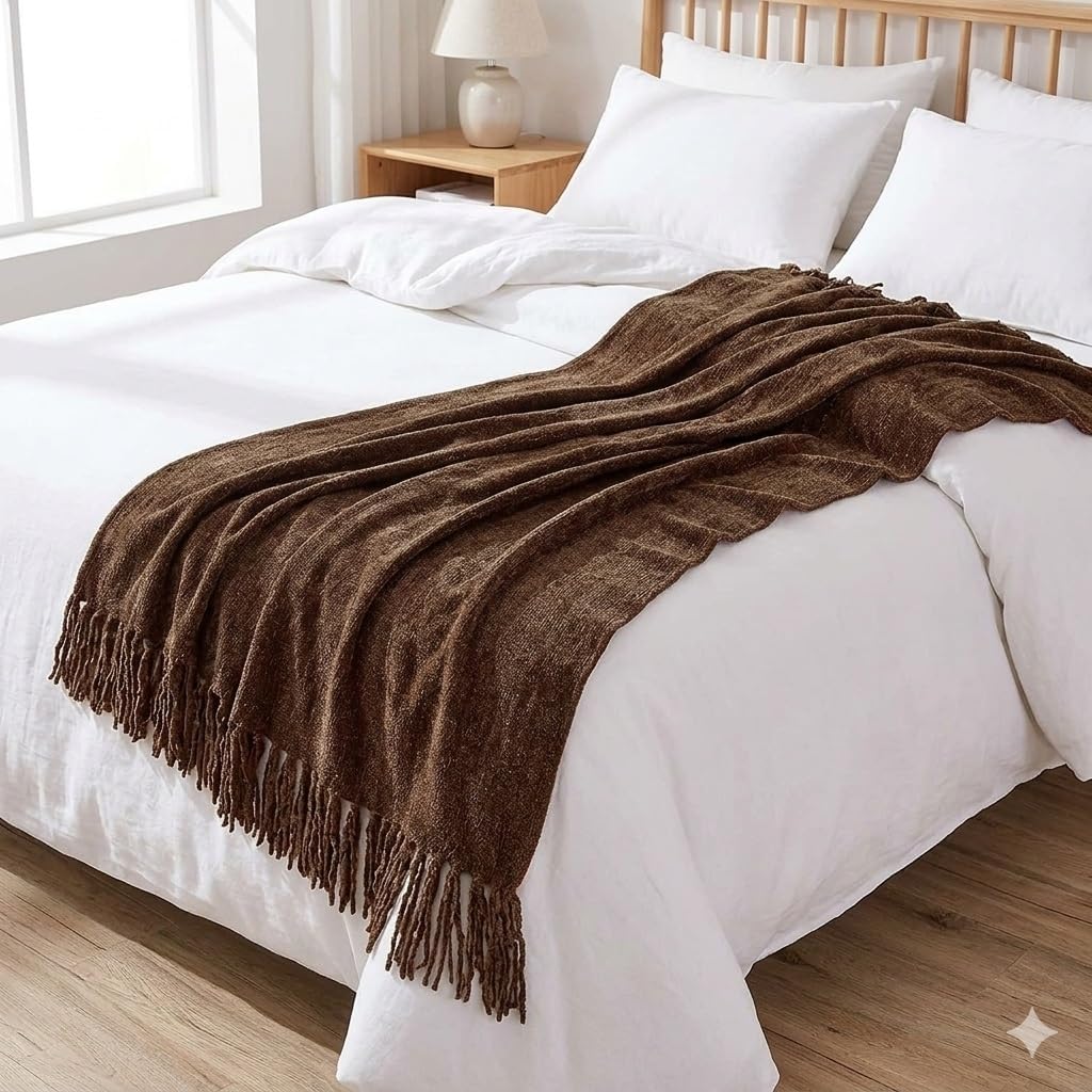Cazimo Chenille Decorative Throw Blanket for Sofa & Chair | Super Soft All-Season Fringe Throw for Living Room | Fade Resistant, 60x50 Inches, Dark Coke