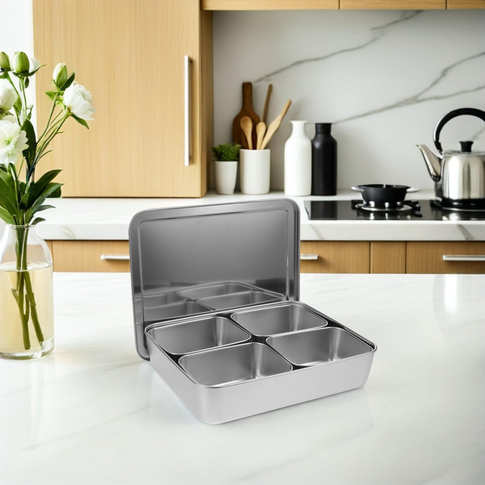 OUNONA Especiero de Acero Inoxidable con Tapa, 4 Compartimentos para Cocina