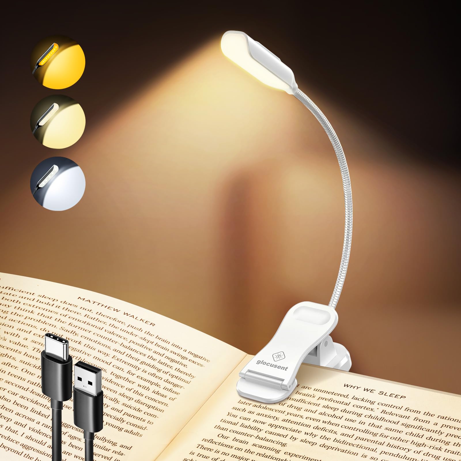 Glocusent Willow Book Light, 10LED, 3 Colors & 3 Brightness, Rechargeable, Lightweight, Clip on, Modern Design, Pure White, ABS Material, USB-C, 80hr Runtime, Ideal for Book Lovers