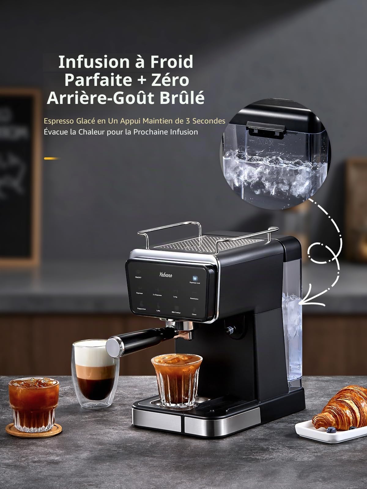 Yabano Machine à expresso, 20 bars, avec mousseur à lait automatique de 500 ml, 6 boissons, écran tactile couleur, réservoir d'eau de 1,5 l, cafetière cappuccino et latte, 1450 W