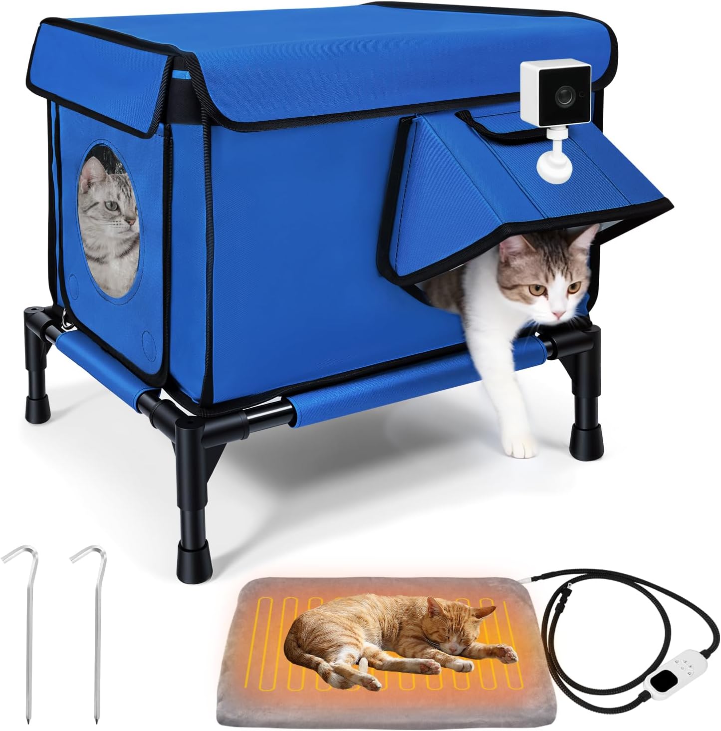 Elevated Heated Outdoor Cat House - 100% Weatherproof Insulated Outdoor Cat Shelter with Safe Escape Door & Removable Heating Pad, Warm Heated Cat House for Outside Stray/Feral/Barn Cat