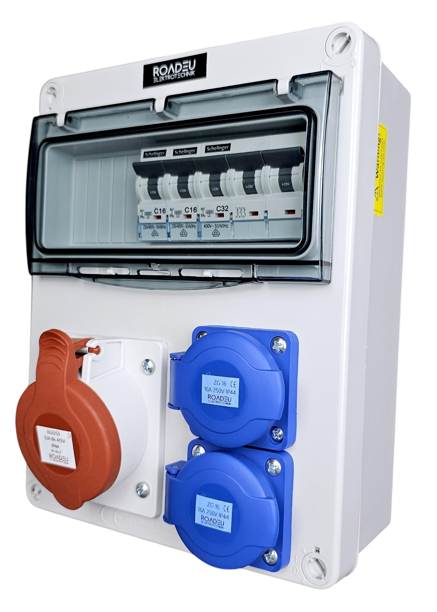 RoadEu Cuadro CEE 400V IP44 con CEE 32A y 2 tomas Schuko | Magnetotérmicos C32A 3P y C16A 1P VDE, cableado 6 mm² / 2,5 mm², precableado