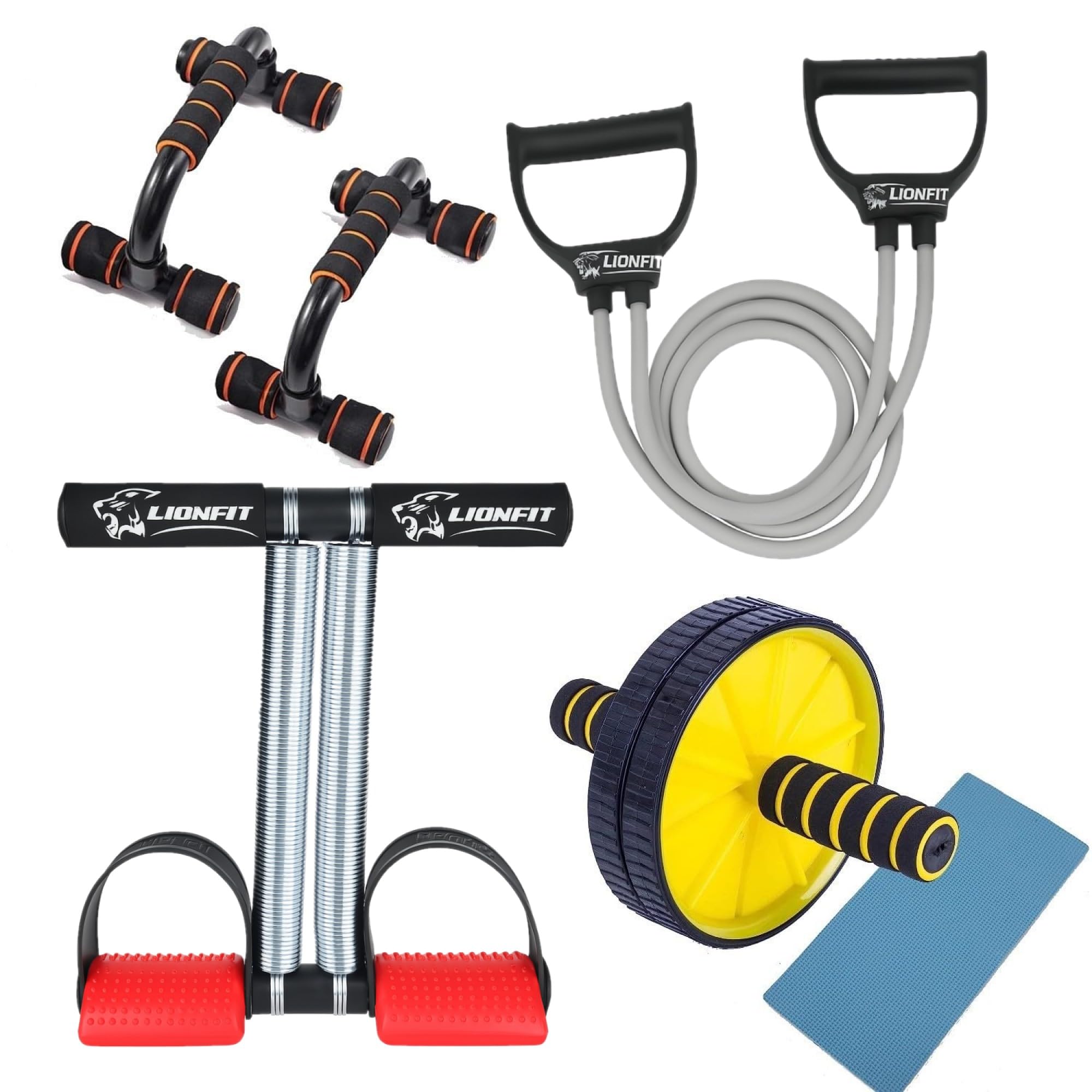 LIONFIT 4-in-1 Home Gym Combo Kit for Men & Women | Tummy Trimmer, Push-Up Bars, Resistance Tube, Ab Roller with Knee Mat | Full Body Workout Set | Portable Fitness Equipment for Home Exercise Red