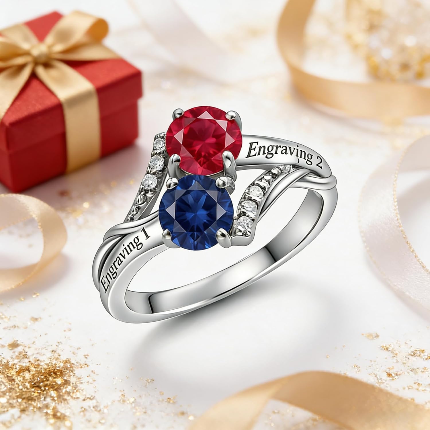 10K 14K 18K Gold Personalized Rings for Women, Custom 2 Gemstone/Birthstones Engraved Ring Jewelry Gift for Valentines Day Anniversary Mother's Day Christmas Birthday