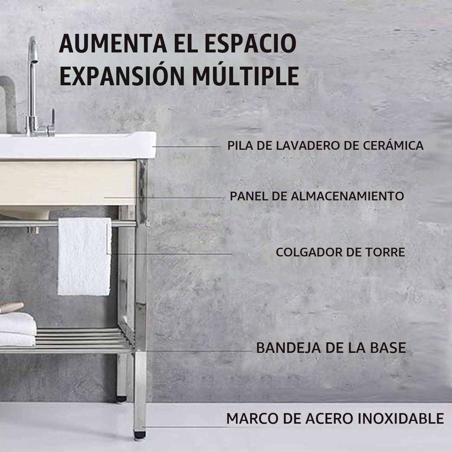 Fregadero Independiente para Lavandería, Fregadero De Un Solo Tazón, con Soporte Y Kit De Drenaje para Lavadero, Lavadero, Garaje, Sótano, Exterior E Interior.,61x48x85cm