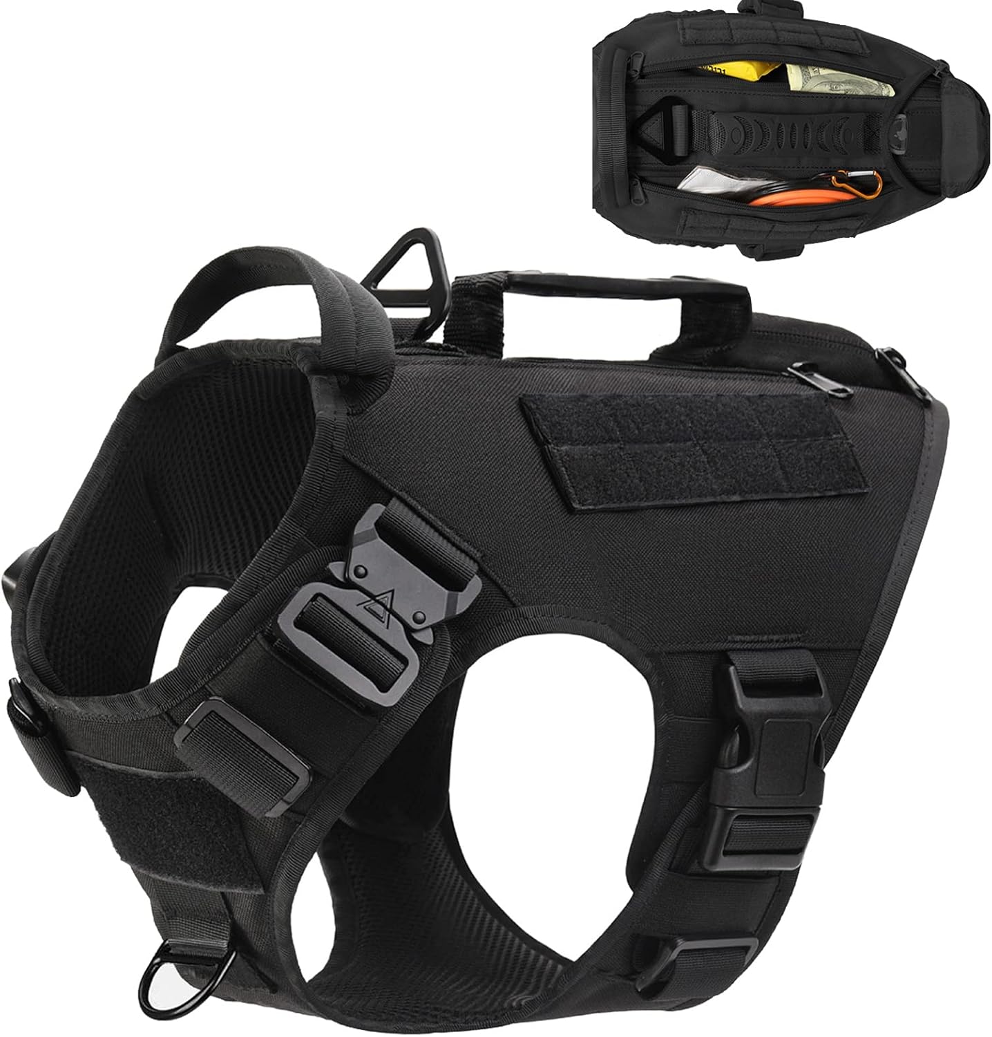 Tactical Dog Harness with 3 Zip Pockets for Large Medium Dogs, No Pull Military Dog Vest, 2×Metal Buckles & 2 Handles, Hook & Loop Panels for Patches Pouches Color Black Size Large