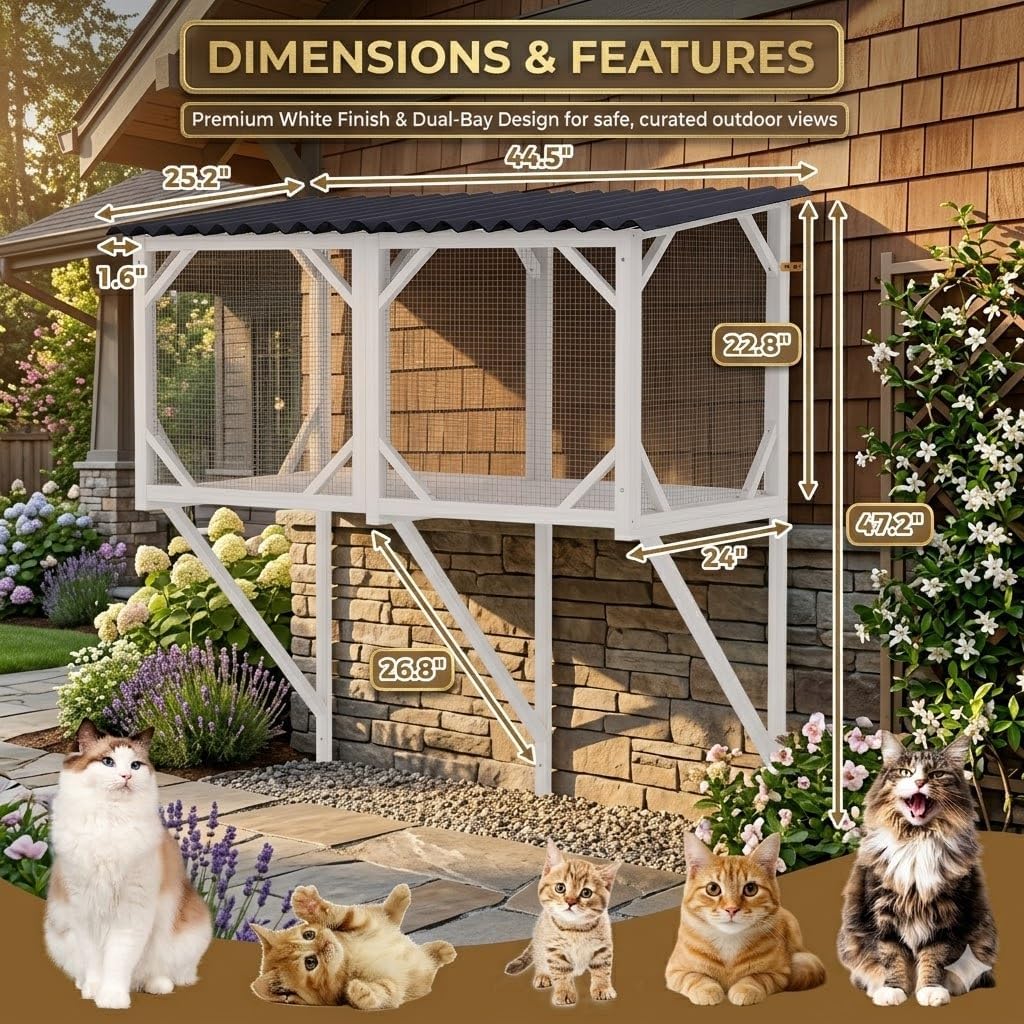 43.3" Wooden Window Catio – Outdoor Cat Enclosure with Solid Wood Frame, Large Window Perch for Indoor Cats, Balcony Cat House for Sunbathing, Bird Watching & Relaxing, White