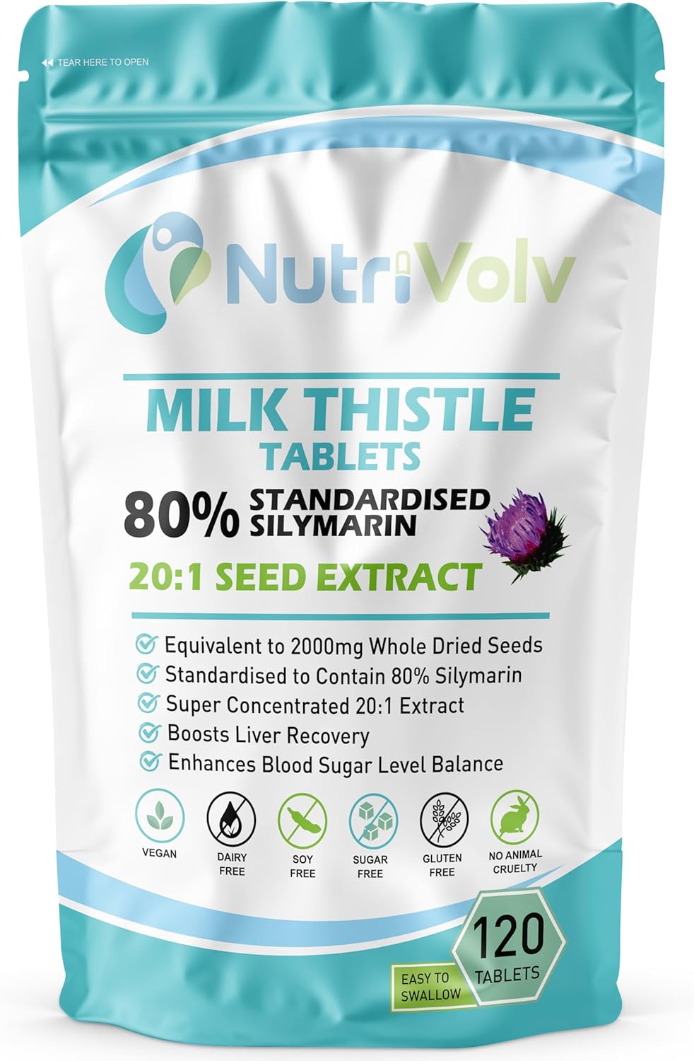 Milk Thistle 2000mg 120 Tablets – 80% Silymarin Detox Liver Gall Bladder Support