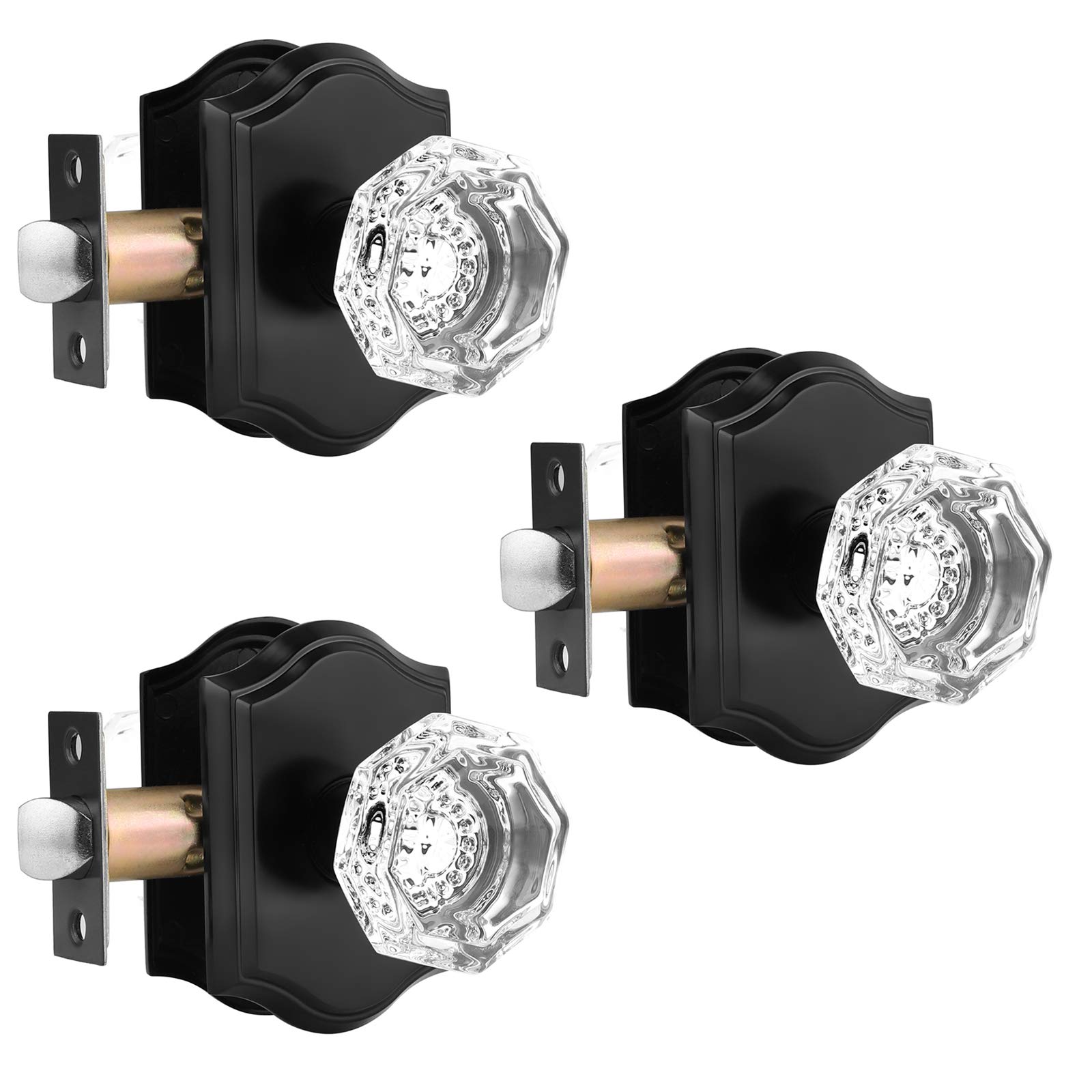 GobricoMatte Black Passage Door Knobs Interior,Crystal Glass Door Knobs for Hall Closet,Keyless Clear Diamond Glass Door Lock Handle,3 Pack