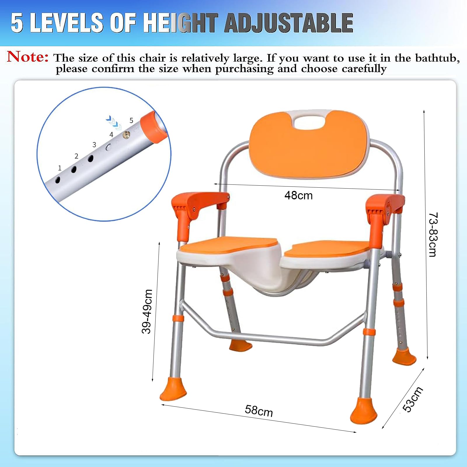 Silla de Ducha con Brazos, Taburete de Ducha Plegable con Respaldo, Silla de Ducha Regulable en Altura para Personas Mayores, Embarazadas, Discapacitados