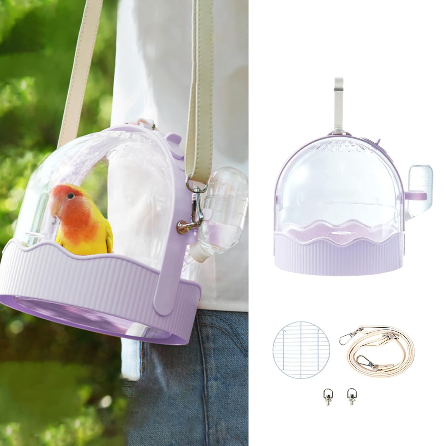 MANON ROSA Bird Carrier Cage with Water Bottle, Portable Travel Carry Case for Small Pets: Lovebird, Budgie, Parakeet, Cockatiel, Conures (Purple)