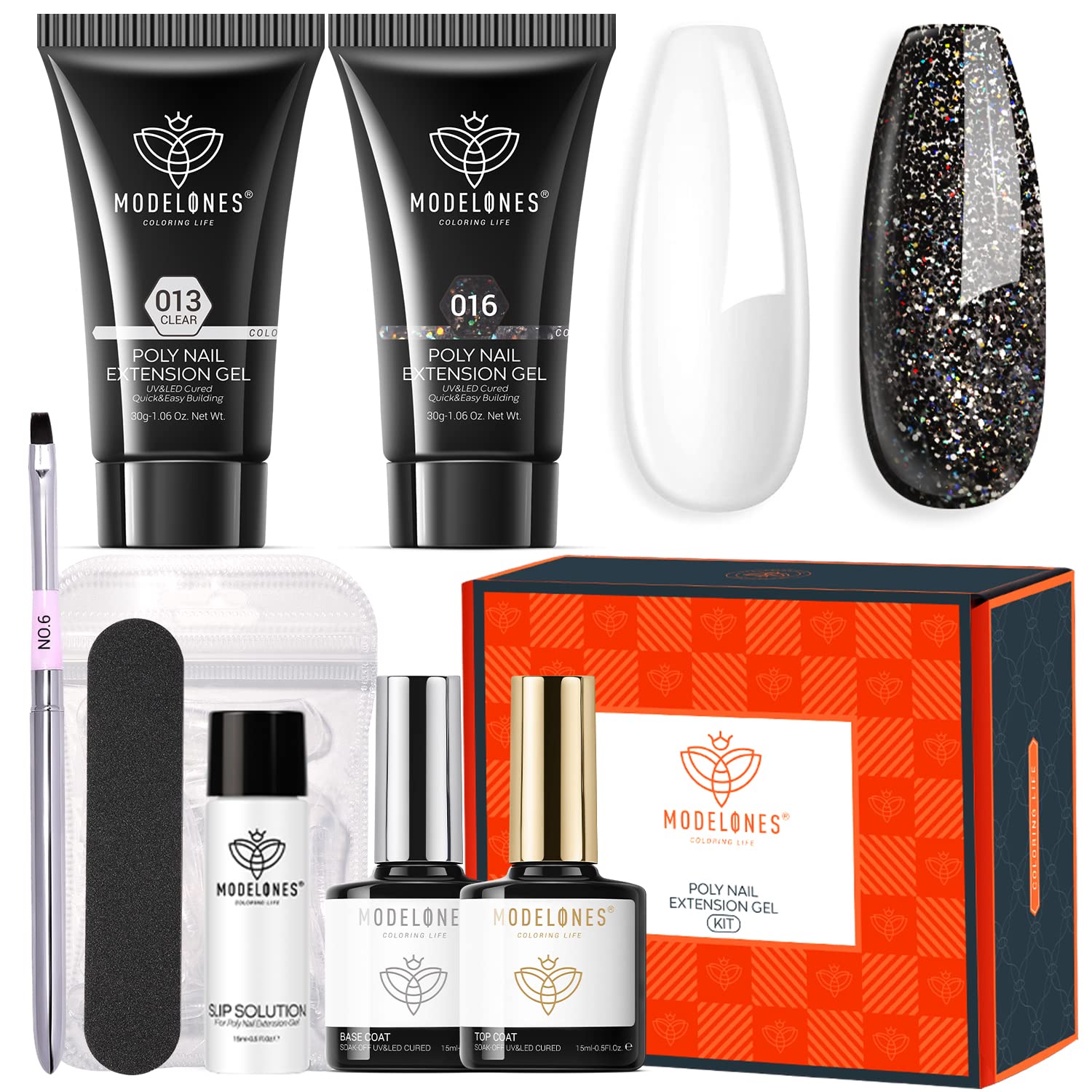 Modelones Poly Nail Gel Kit 30ml 2PCS Mysterious Cool Black Glitter Highly Clear Colors Nail Extension Builder Enhancement Professional Starter Kit All-in-One Nail Technician French Kit