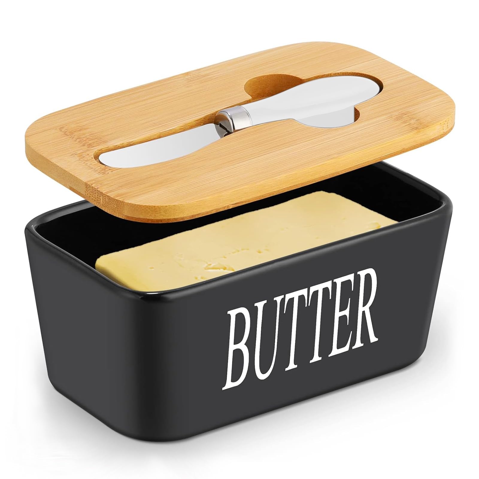 Ceramic Butter Dish with Wooden Lid, Porcelain Butter Dish Container with Air-Tight Seal Lid and Stainless Steel Butter Knife - Large Butter Container Porcelain for Butter , Cheese , Storage