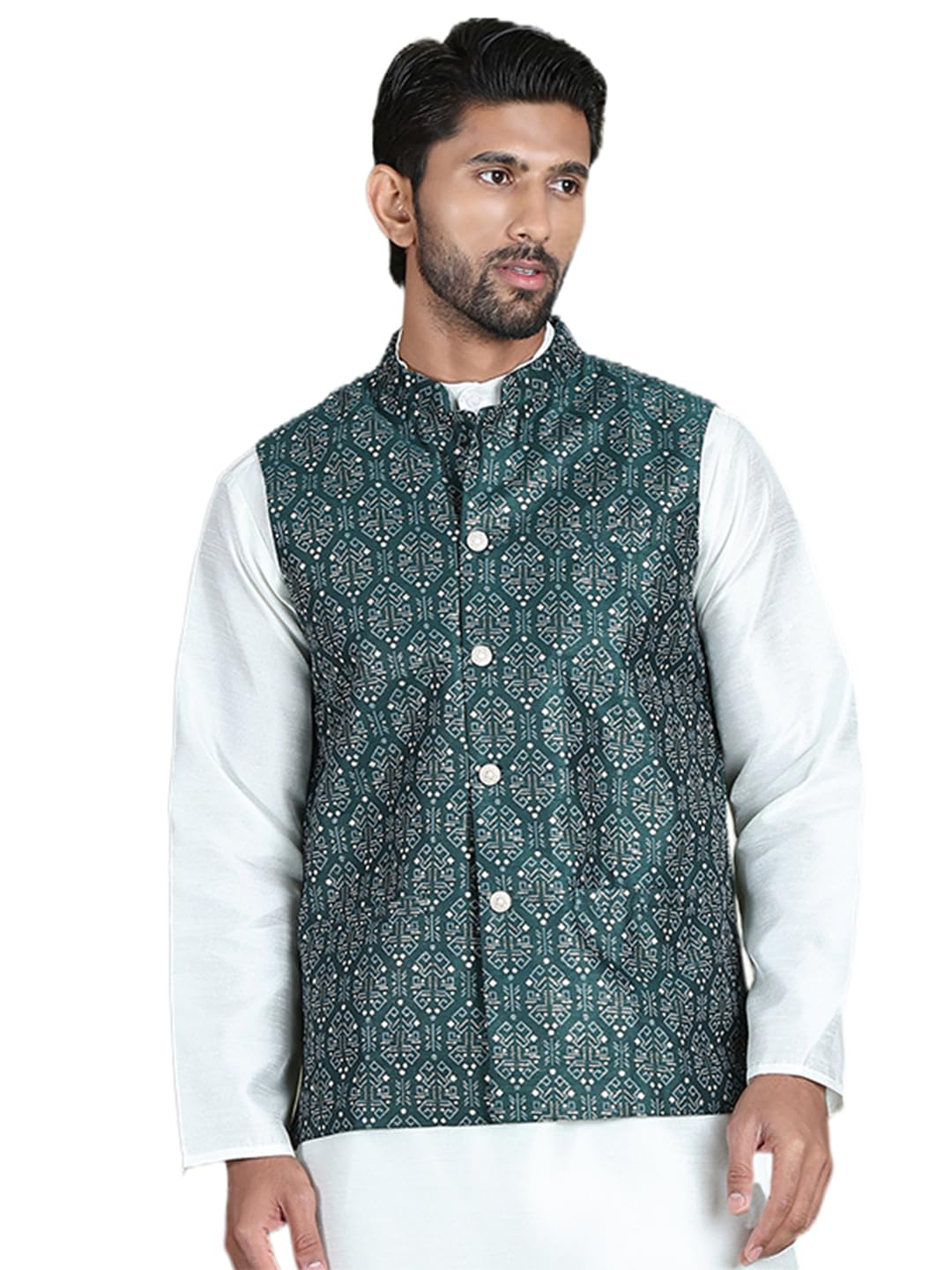 jompers Olive Men's Printed Nehru Jacket. (Olive, S)-picture-37