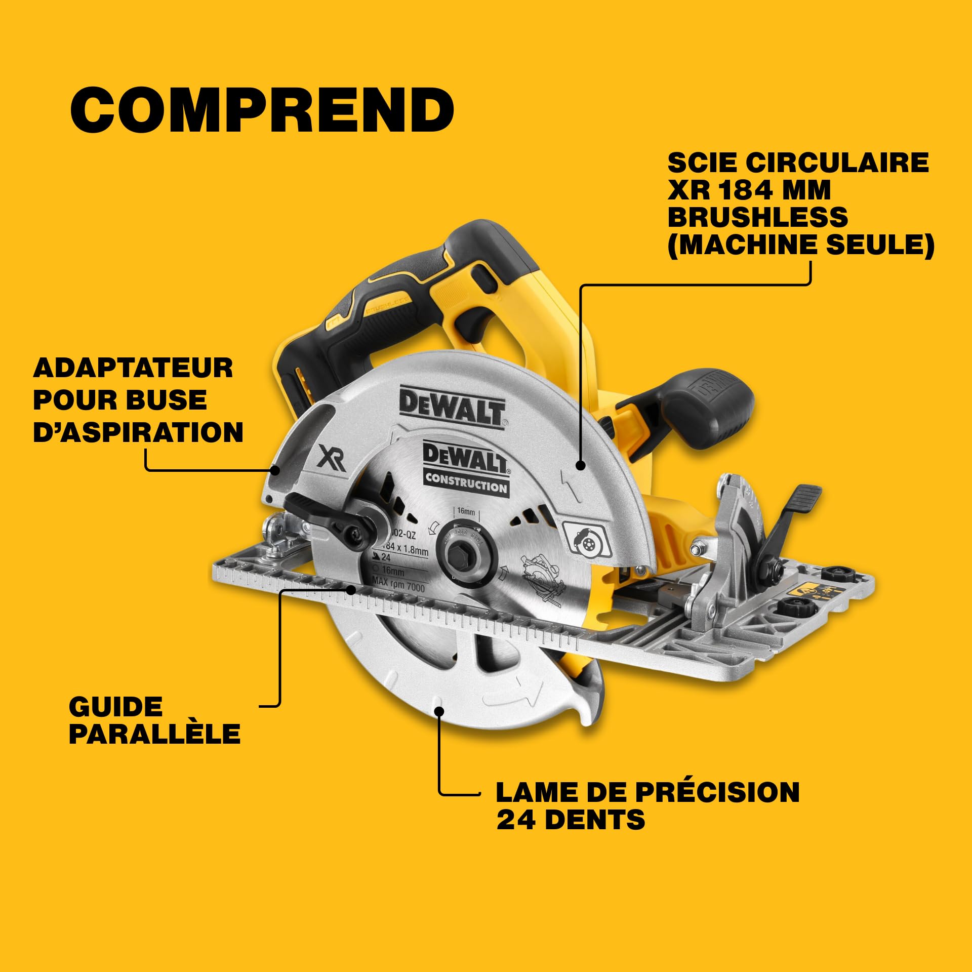 DEWALT XR 18V scie circulaire Brushless avec lame de 184 mm, coupe de 58 mm, LED et coffret TSTAK, DCS572NT-XJ