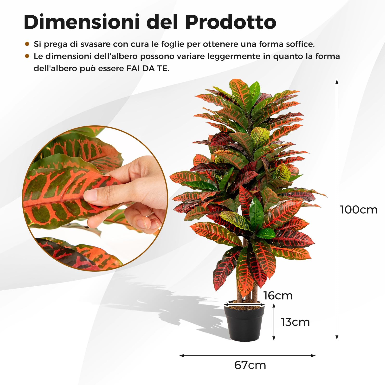 COSTWAY Pianta Artificiale di Croton 100 CM, Albero di Croton Finto con Foglie Variopinte, Tronco Naturale in Legno, Pianta Finta Realistica per Ufficio e Casa