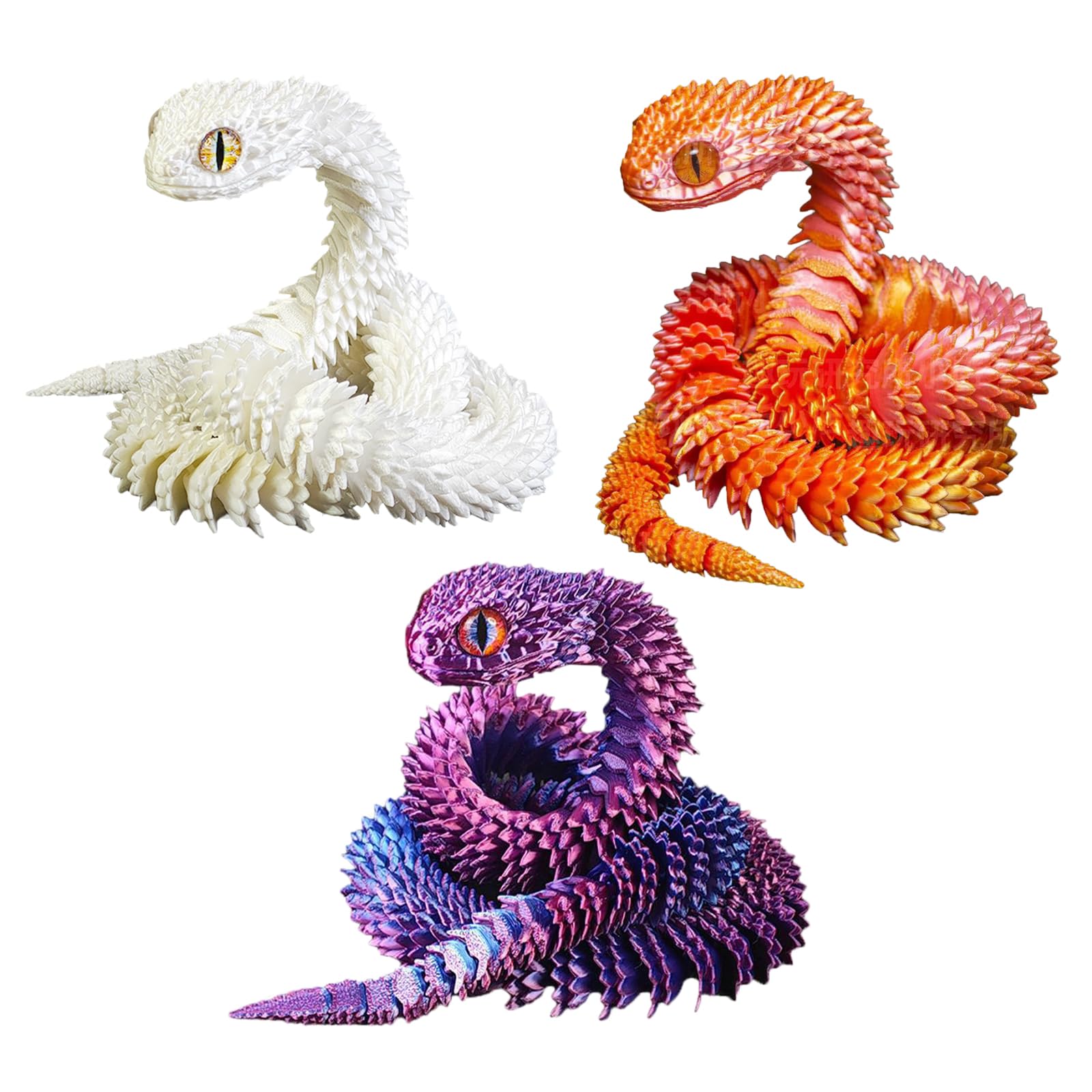 3D Printed Articulated Snakes Set (11.8 in, 3 Pieces)  Flexible Articulated Snake Animal Fidget Toys for Autism/ADHD (Purple,Red,White)
