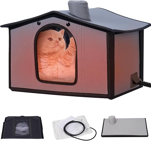 Small Heated Cat House, 13''x12''x17'' Waterproof Windproof Design Plush Interio