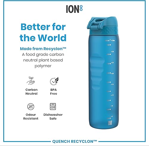 Miniatura 5 de Ion8 - Botella de agua de 1 litro, a prueba de fugas, tapa abatible, asa de transporte, flujo rápido de líquido, apta para lavavajillas, sin BPA,