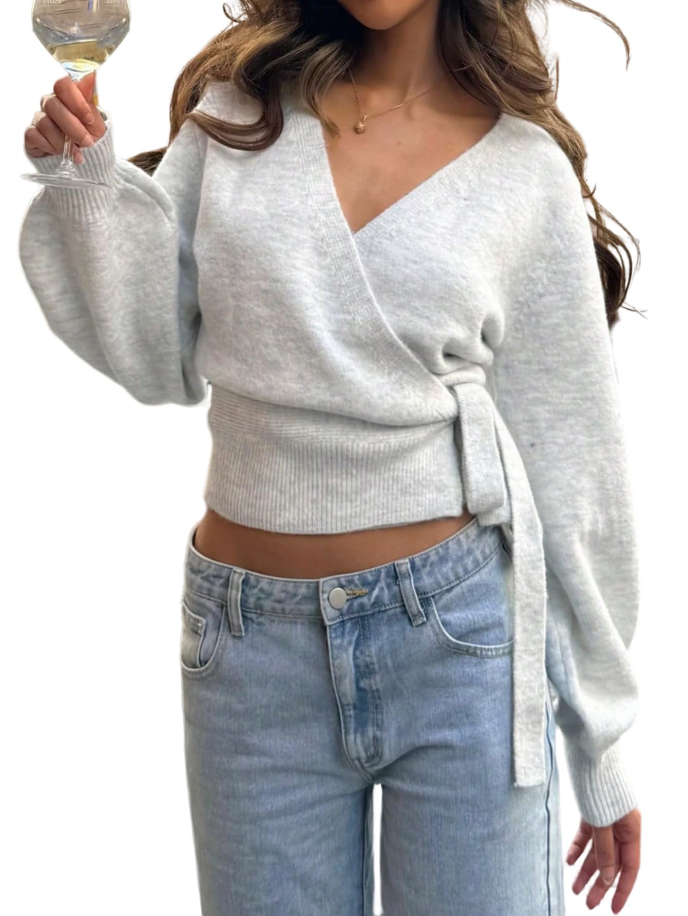GORGLITTER Damen Pullover Elegant Wickelpullover mit Knoten Tiefer V Ausschitt Strickpullover Langarm Wintepullover Einfarbig Damenpullover