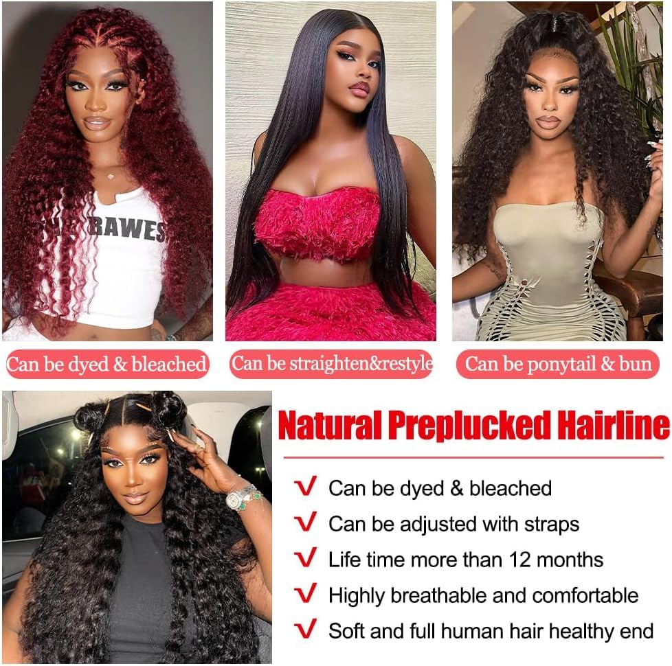 Deep Wave Lace Front Wigs Human Hair 150% Density 13x4 HD Curly Lace Frontal Glueless Wigs for Women Pre Plucked Deep Wave Natural Color (24 Inch) - Image 3