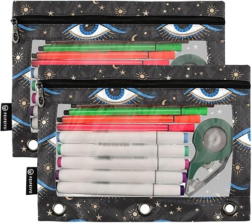 Miniatura 2 de Gredecor Paquete de 2 carpetas para lápices, 3 anillos, con cremallera de ojo malvado, bolsas de cosméticos con organizador de ventana transparente