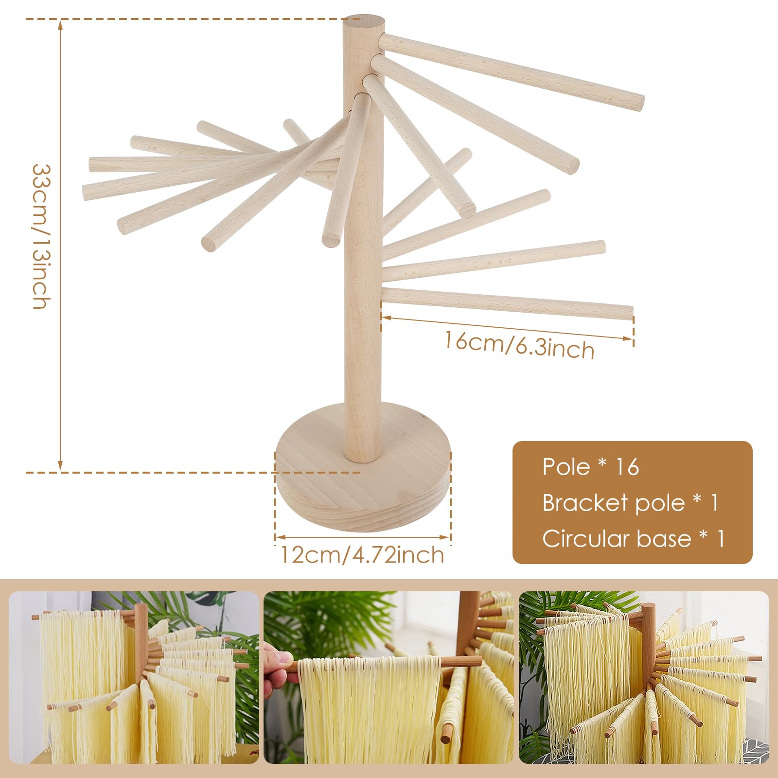 Kandishiex 16-Arm Wooden Pasta Drying Rack For Homemade Noodles - Collapsible, Beechwood, 13 Inch Height - View #2